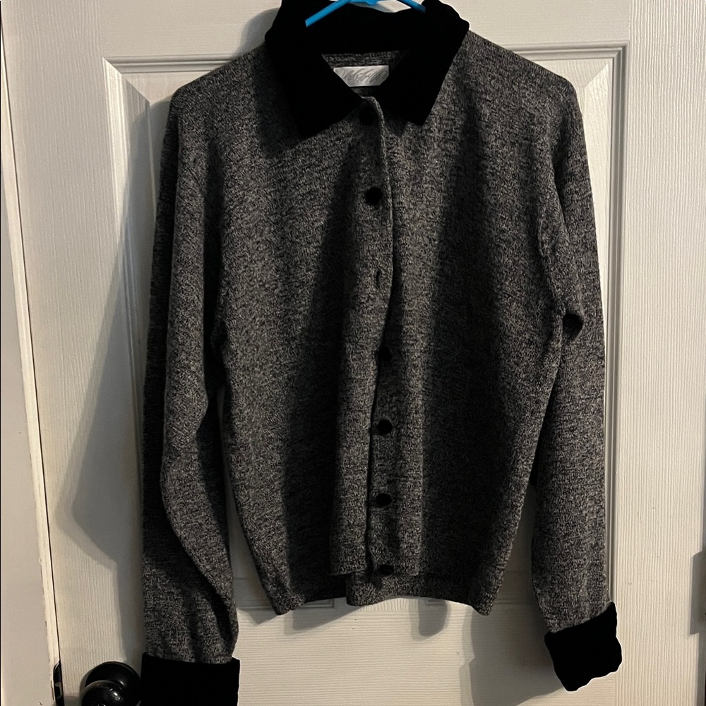 Lord & Taylor Gray Button-Up Cardigan with Black Velvet Accents